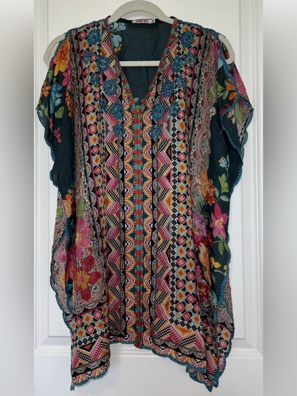Johnny Was 100% SILK Boho Floral Embroidered Kimono Top in Teal & Multicolor